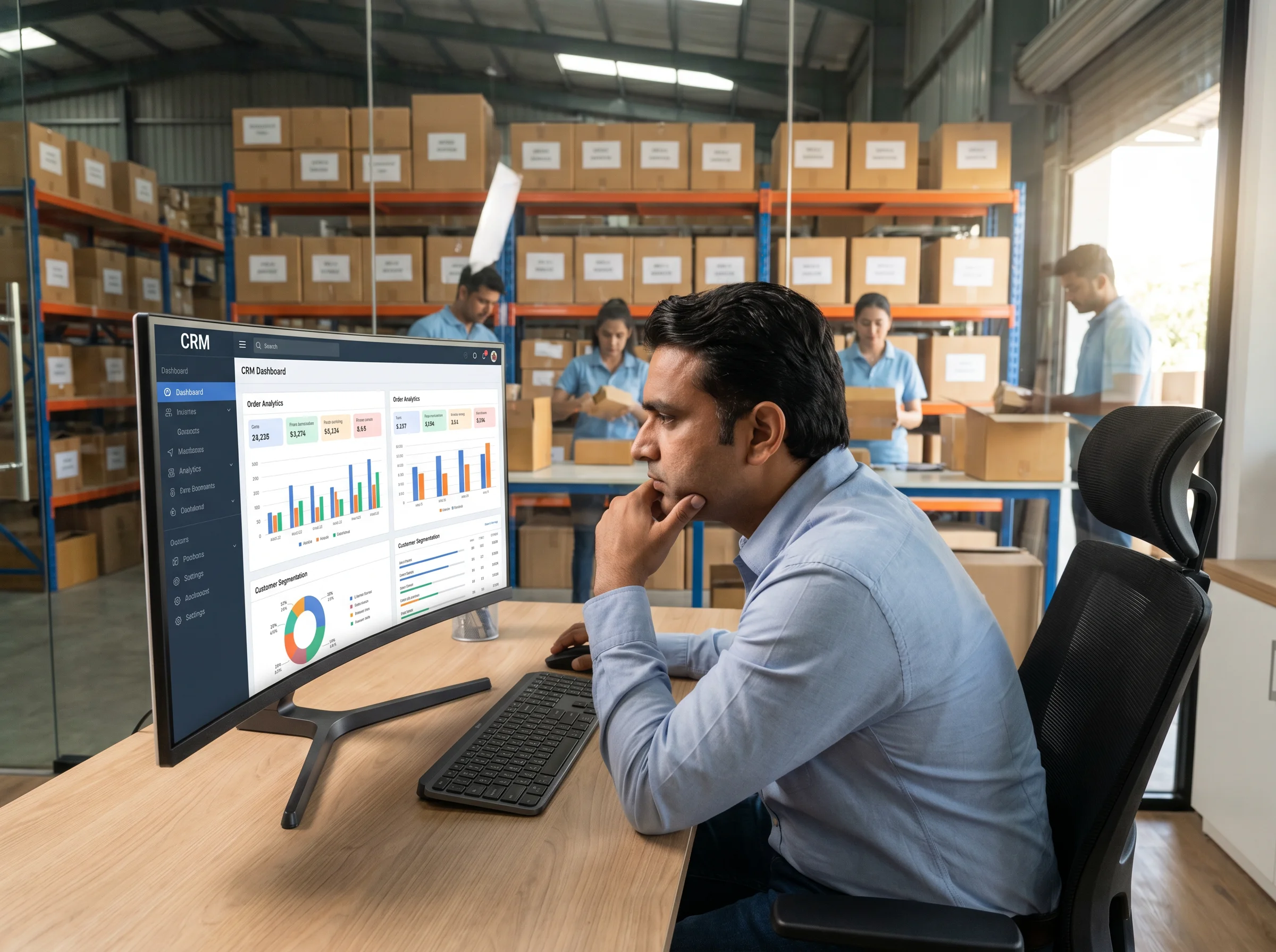 E-commerce business owner reviewing CRM analytics