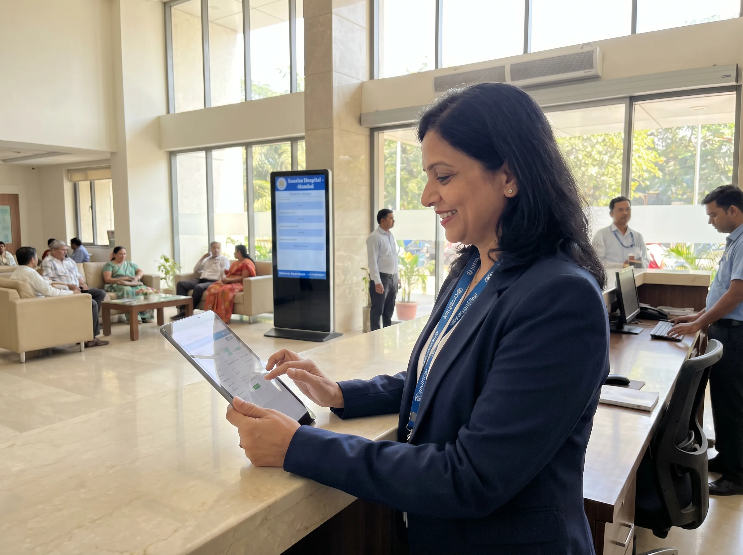 Healthcare administrator using CRM on tablet